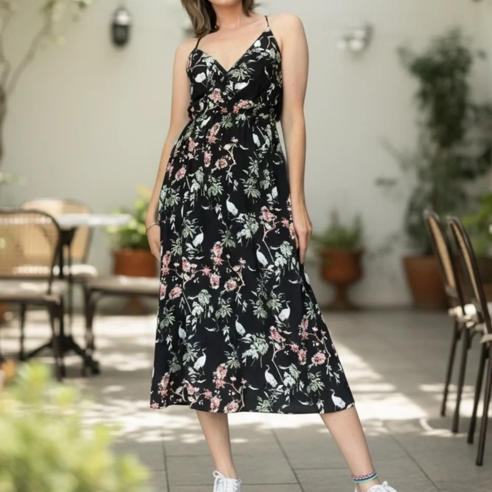 Banana Republic Black Floral Birds Midi Dress Strappy Summer Dress 4 - Picture 1 of 13